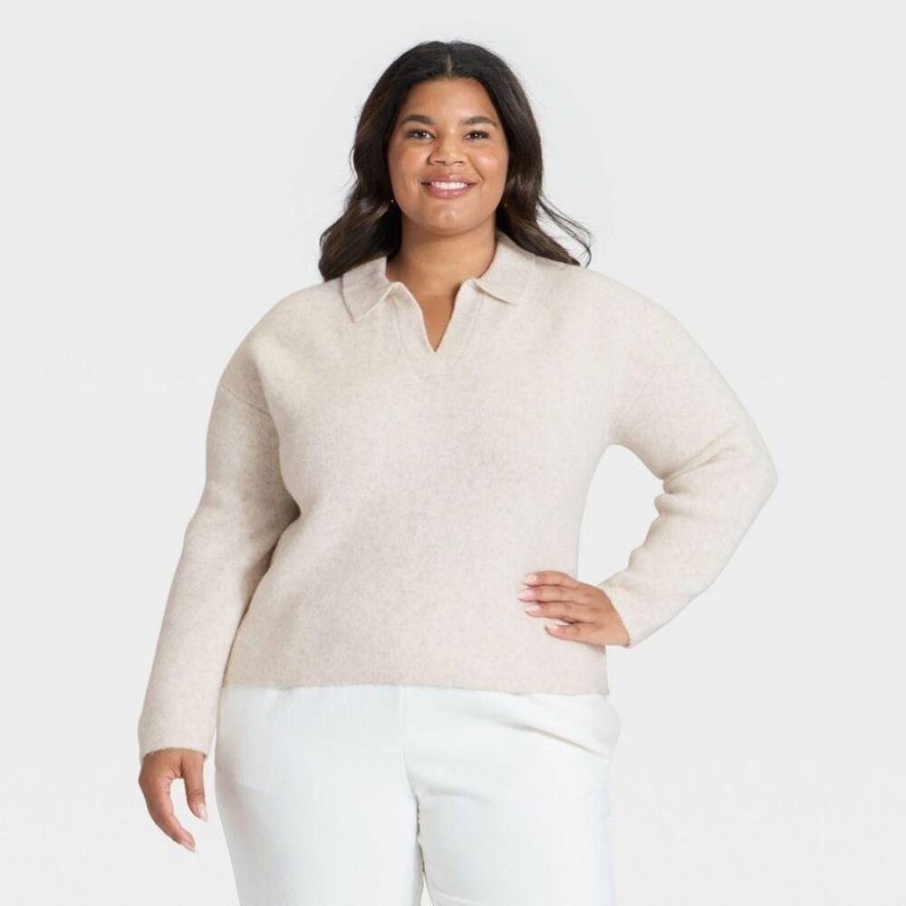 Women's Cozy Knit Polo Sweater - A New Day Oatmeal 1X